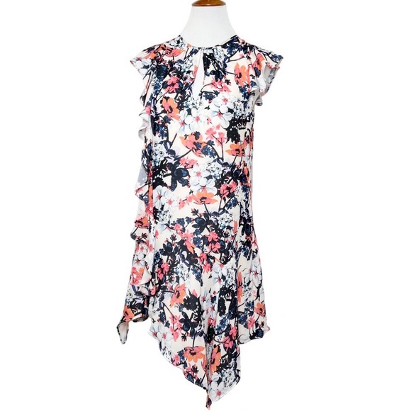 Parker Asymmetrical Ruffled White Colorful Floral Print Sleeveless Dress - Picture 2 of 12